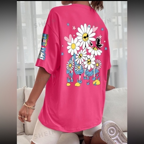 Hot Pink Graphic Drop Shoulder Tee Trendy Summer - Picture 1 of 2